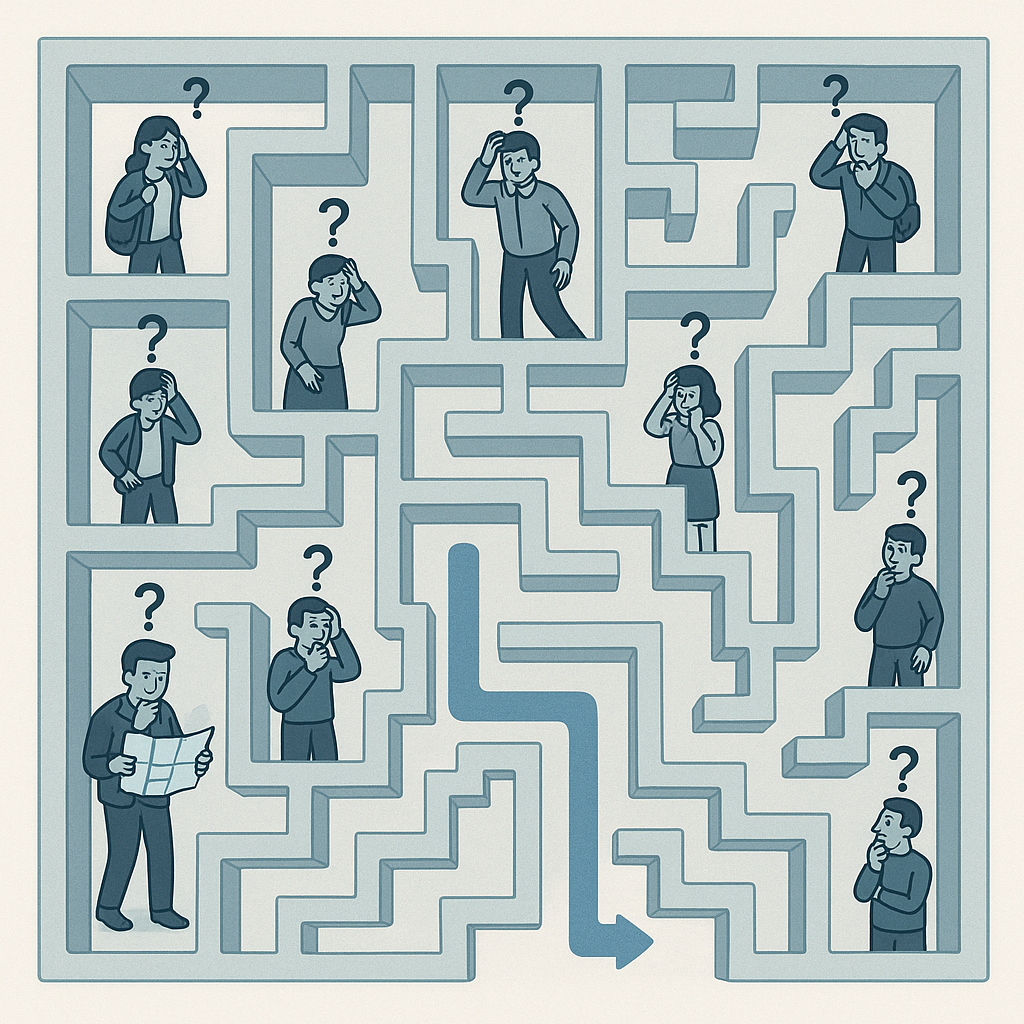 A minimalist digital illustration shows five people in a blue-toned maze. Four individuals appear confused, holding maps or scratching their heads, with question marks above them. One person confidently walks through the maze, following a clear path. The image symbolizes user frustration with confusing navigation, contrasted by a clear solution.