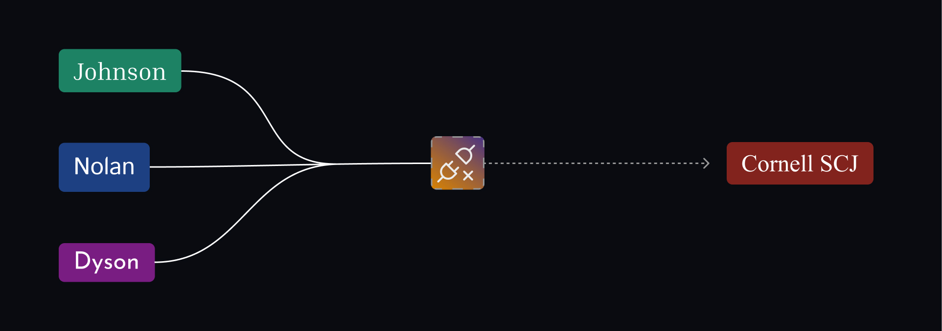 A flowchart showing misalignment between organizations. “Johnson,” “Nolan,” and “Dyson” (left side) point to a central node with a broken connection icon. This central node has a broken connection that signifies disconnection. An interrupted line extends from the central node to “Cornell SCJ” (right side), indicating broken alignment.