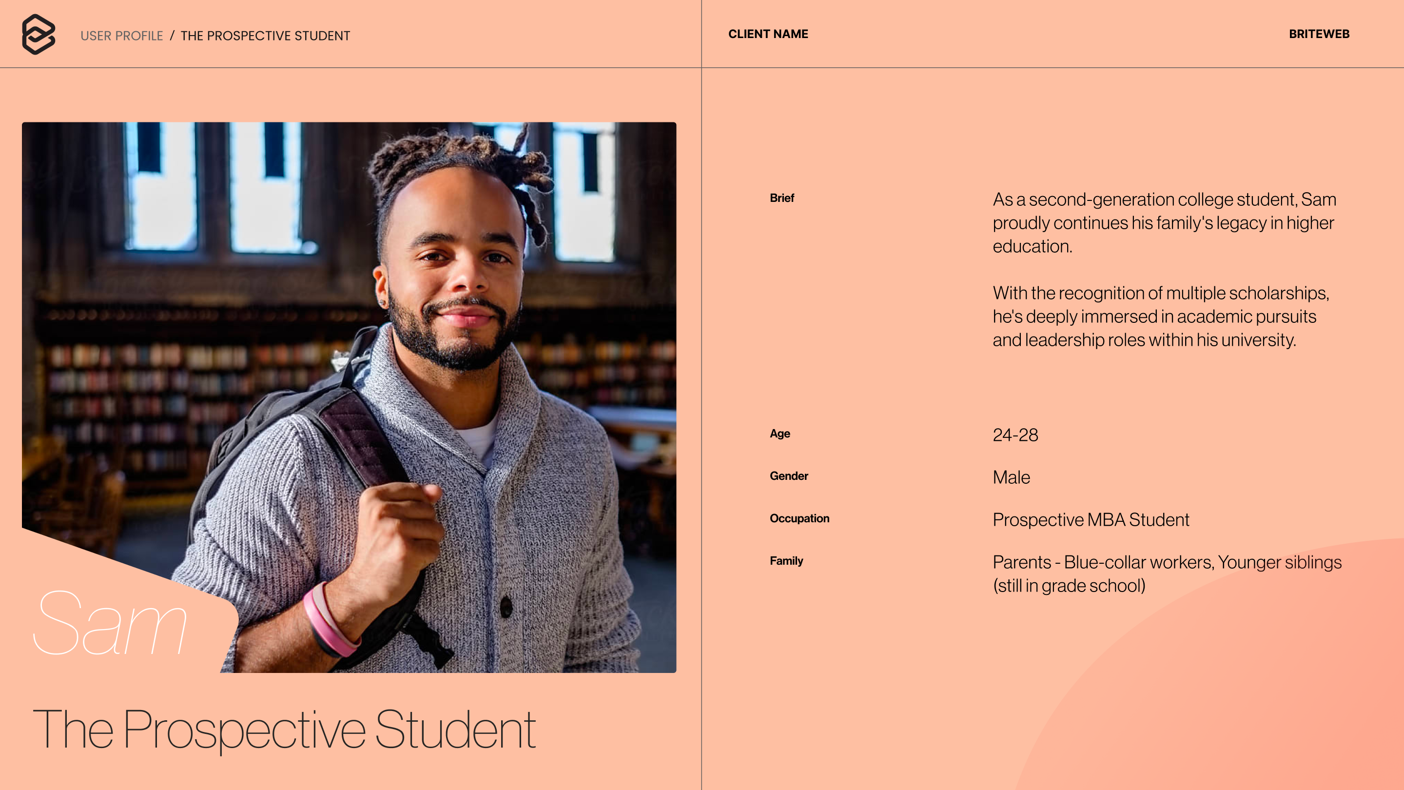 UX persona featuring a prospective student looking thoughtfully at the camera.
