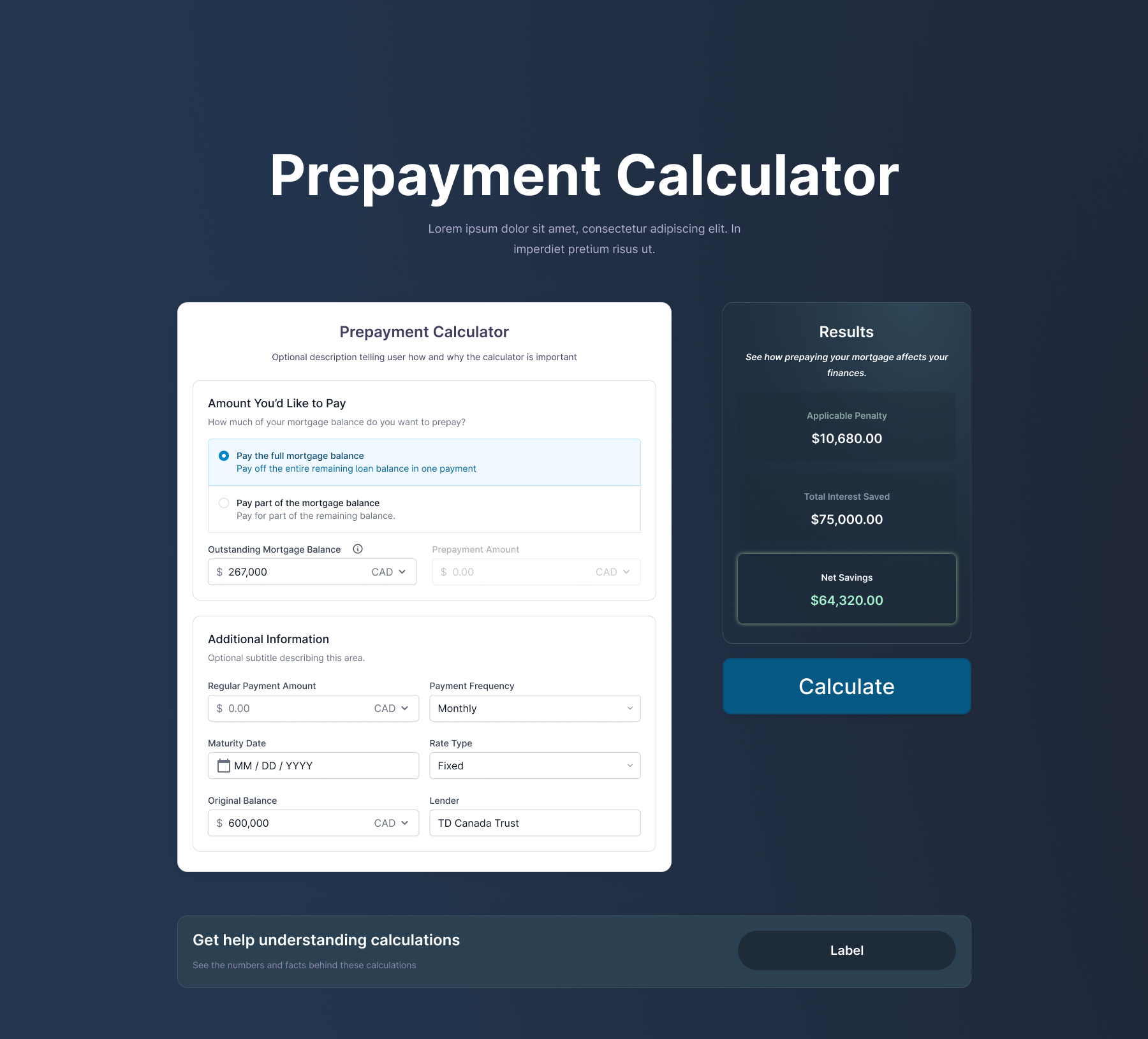 Redesigned calculator showcasing a clean, professional layout with user-friendly navigation and payment tracking.