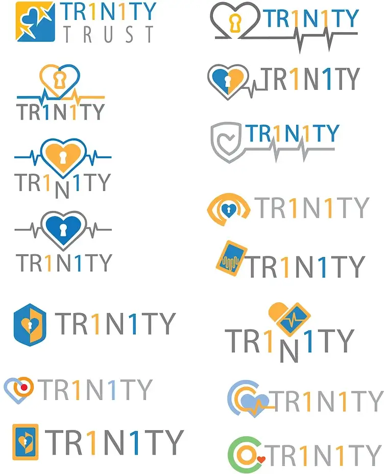 Various iterations of the Tr1n1ty Trust logo exploring different symbols and styles.